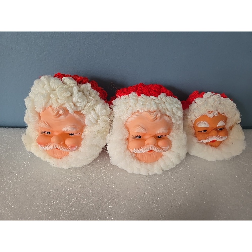 Vintage Folk Art Pom Pom Santa Claus Plastic Face Christmas Tree Ornaments Lot 3